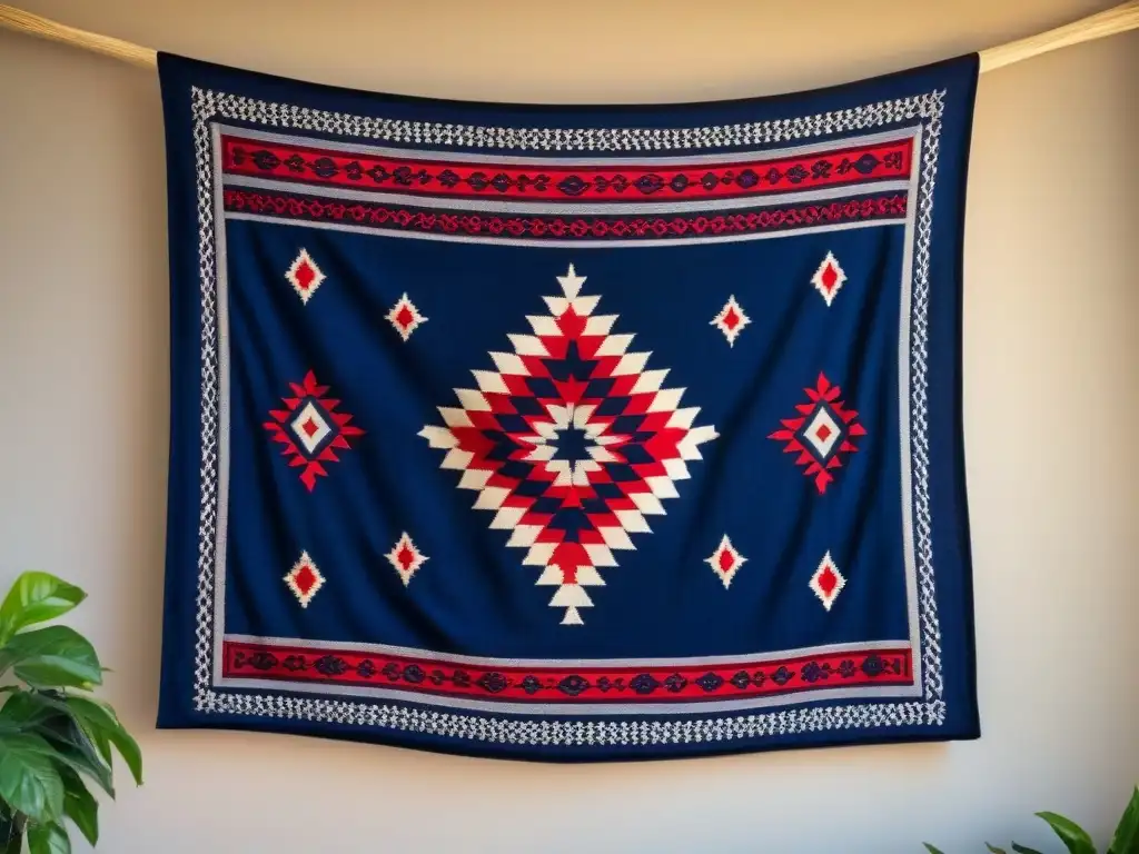 Tapiz indígena: intrincado tejido en tonos tierra y toques de rojo y añil Una hermosa obra de arte indígena en homestays culturales, con patrones tradicionales vibrantes en tonos tierra, añil y rojo intenso