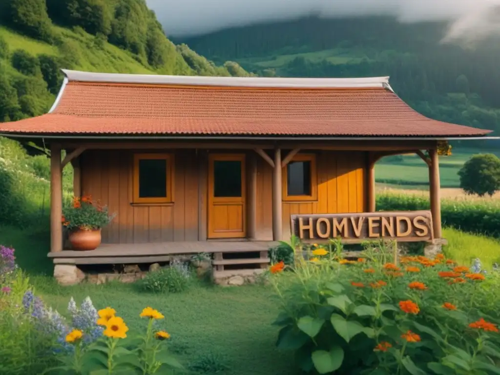 Un hogar acogedor en Europa del Este: casa tradicional de madera, jardín colorido y letrero 'Bienvenidos' al atardecer