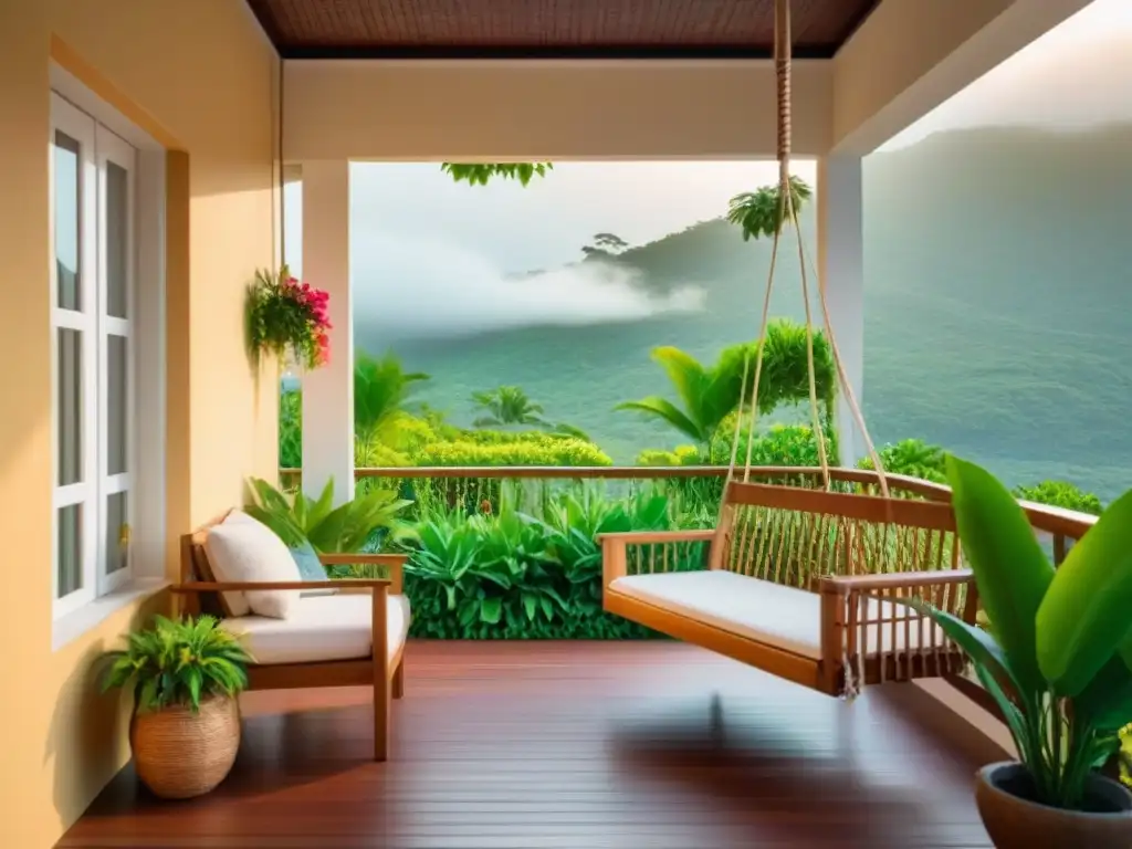 Un hogar acogedor en Oceanía con un columpio de madera en el porche, rodeado de exuberante vegetación y flores tropicales