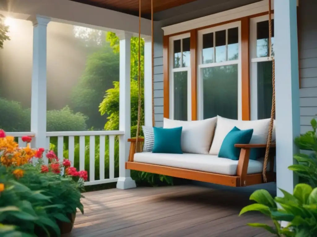 Un hogar acogedor en Norteamérica con porche y columpio de madera, rodeado de vegetación y flores coloridas