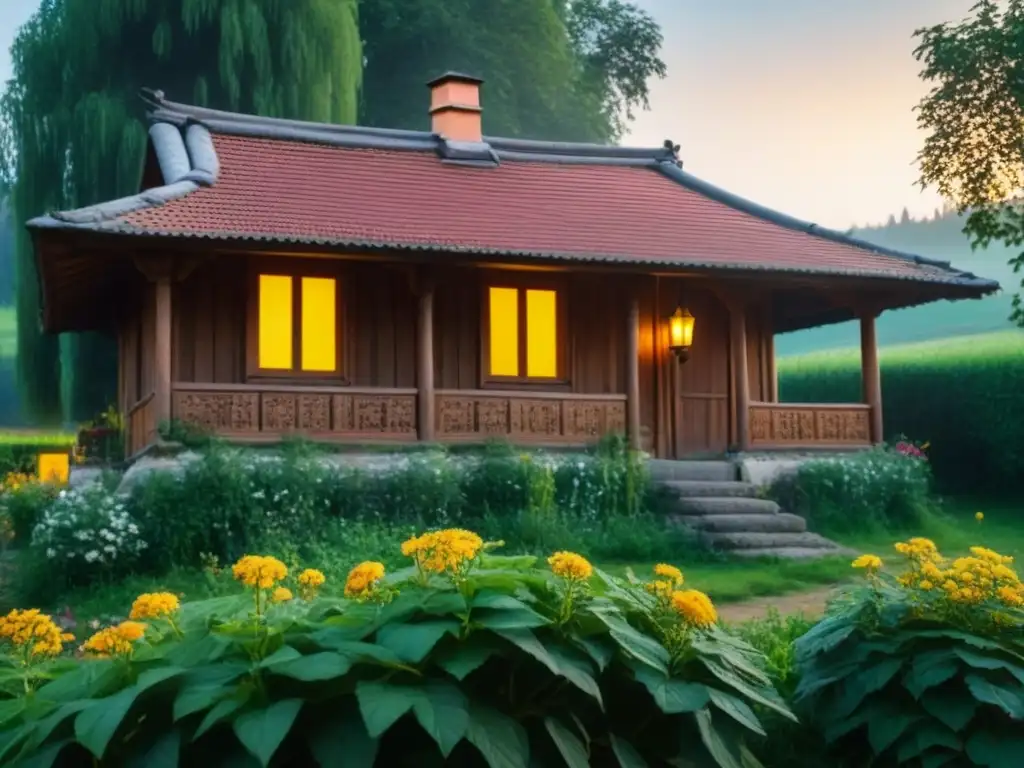 Un hogar acogedor en un pueblo pintoresco de Europa del Este con una casa de madera tradicional y detalles esculpidos rodeada de flores y vegetación exuberante al atardecer