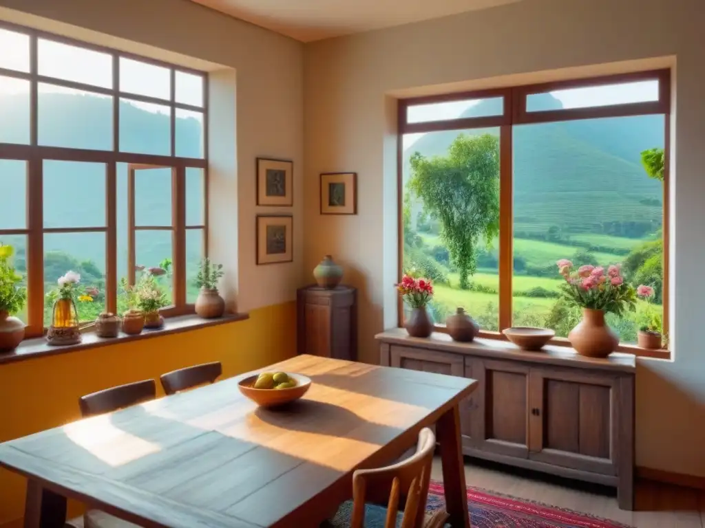 Acogedor hogar tradicional con vista al jardín en 8k Un hogar acogedor con toques artesanales, rodeado de naturaleza exuberante