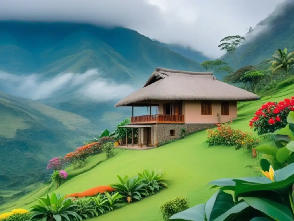 Hospedaje colombiano en las montañas: colorido y serenidad Un hogar colombiano tradicional en las montañas, rodeado de naturaleza exuberante y flores vibrantes