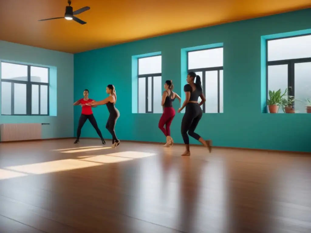 Un hogar latinoamericano vibrante con clases de baile, gente diversa disfrutando de la salsa en un estudio luminoso