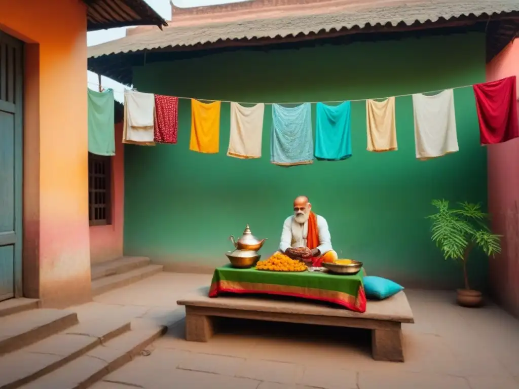 Un hogar tradicional en Varanasi con un acogedor patio, plantas verdes vibrantes, textiles coloridos y una familia local compartiendo una comida