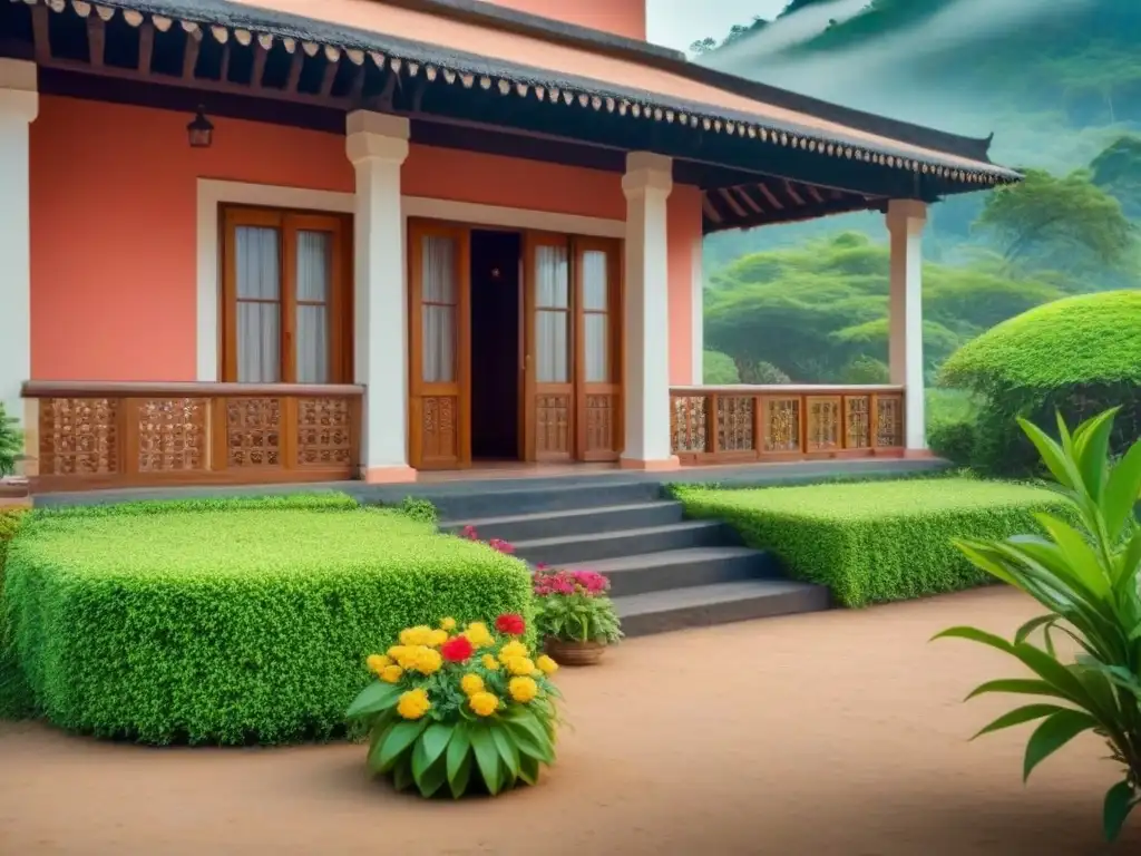 Un hogar tradicional indio rodeado de exuberante vegetación, con flores coloridas en primer plano