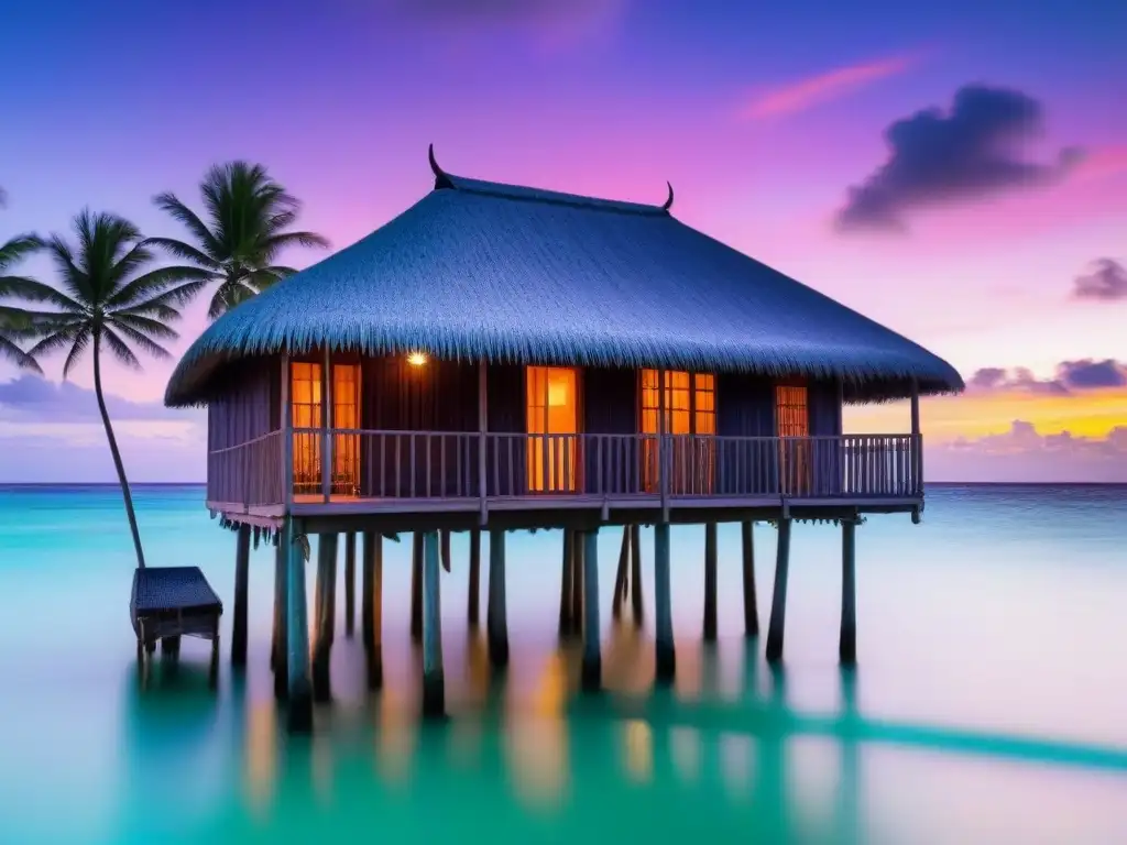 Un hogar tradicional en Islas Marshall, elevado sobre aguas turquesas, con techo de paja y palmeras verdes al atardecer