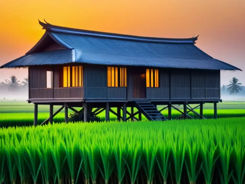 Casa de madera en arrozales al atardecer en el Sudeste Asiático Un hogar tradicional de madera en pilotes en medio de campos de arroz, bañado por la cálida luz del atardecer en el Sudeste Asiático