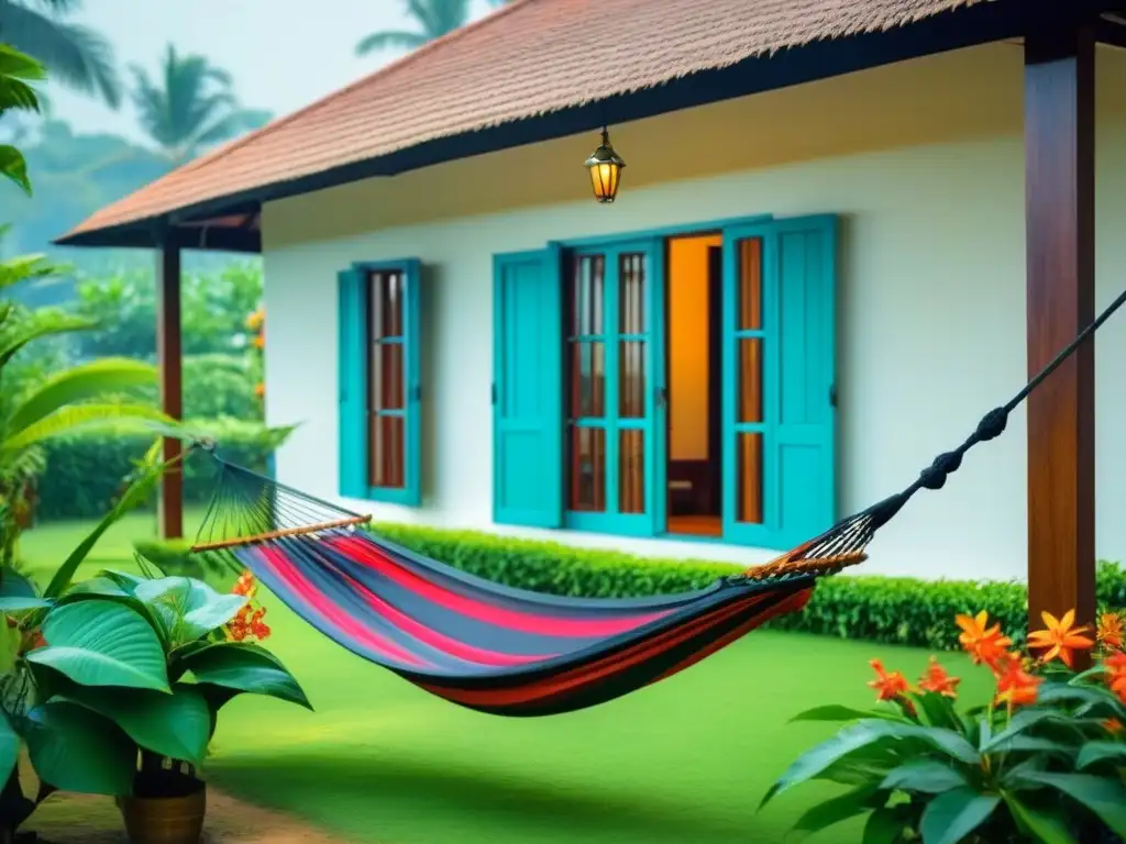 Un hogar tradicional de Kerala rodeado de exuberante vegetación, con una terraza adornada con flores coloridas y una hamaca meciéndose suavemente, invitando a experimentar la auténtica experiencia de un homestay en Kerala