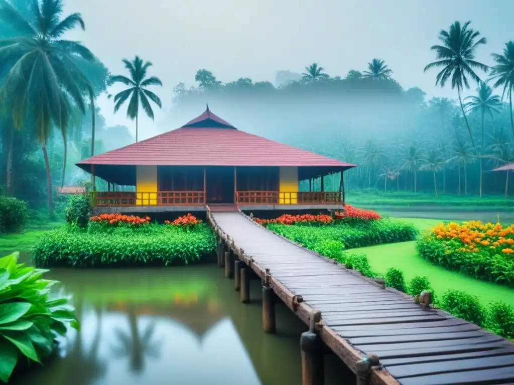 Un homestay auténtico en Kerala: puente de madera sobre arroyo rodeado de exuberante vegetación y flores tropicales
