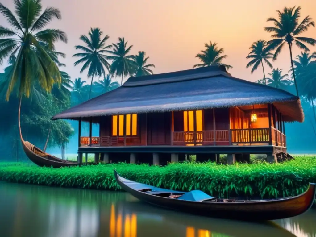 Un homestay auténtico en Kerala, rodeado de exuberante vegetación y tranquilas backwaters al atardecer