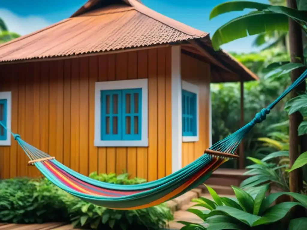 Homestays auténticos en Brasil: Porche de madera con hamacas coloridas en entorno tropical sereno