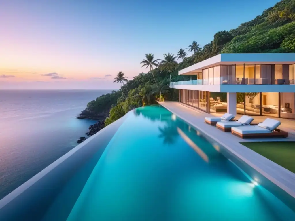 Homestays culturales en destinos exóticos: Villa moderna de lujo sobre acantilado, piscina infinita y vista al mar turquesa al atardecer