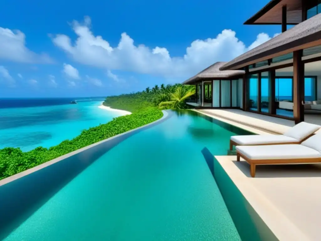 Homestays culturales en destinos exóticos: lujosa villa frente al mar en isla tropical remota, con ventanales y piscina infinity