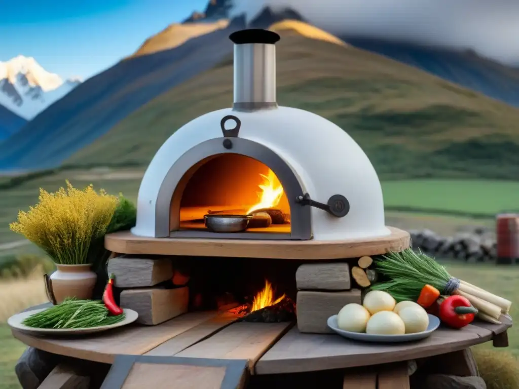 Horno de barro patagónico rodeado de hierbas y verduras con sabores únicos, bajo cielo azul y montañas nevadas