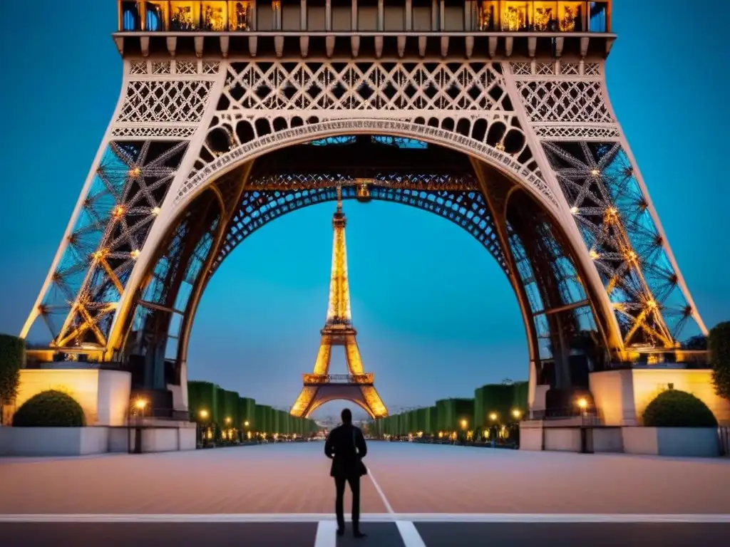 La icónica Torre Eiffel iluminada en la noche, con una vista minimalista de la ciudad de París