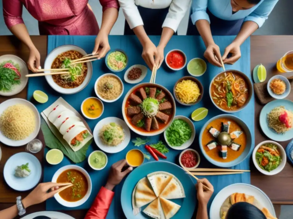 Una ilustración detallada y vibrante de una familia multicultural disfrutando de una mesa repleta de delicias de todo el mundo, con un mapa de fondo
