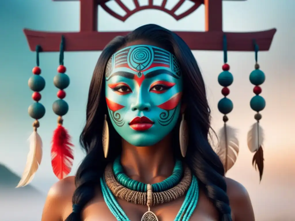 Arte intercultural de bienvenida: Torii, máscara tribal y más Una ilustración minimalista e intrincada que fusiona símbolos culturales globales en tonos tierra y toques de rojo, azul y verde, simbolizando la unidad y diversidad de ceremonias de bienvenida en homestays