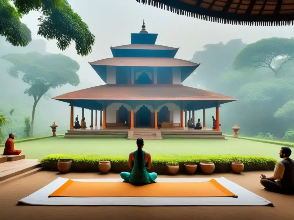Imagen detallada de un ashram en la exuberante India, con viajeros meditando en un entorno sereno