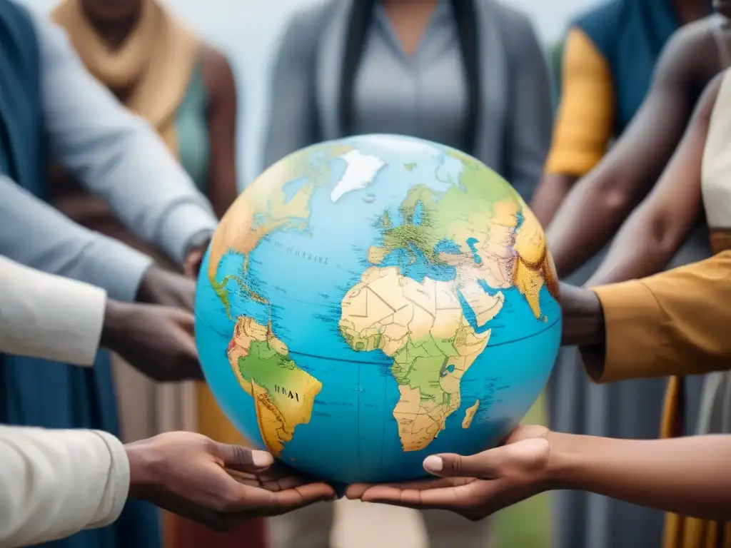 Una imagen de diversidad cultural con personas compartiendo historias alrededor de un globo terráqueo, transmitiendo armonía y conexión