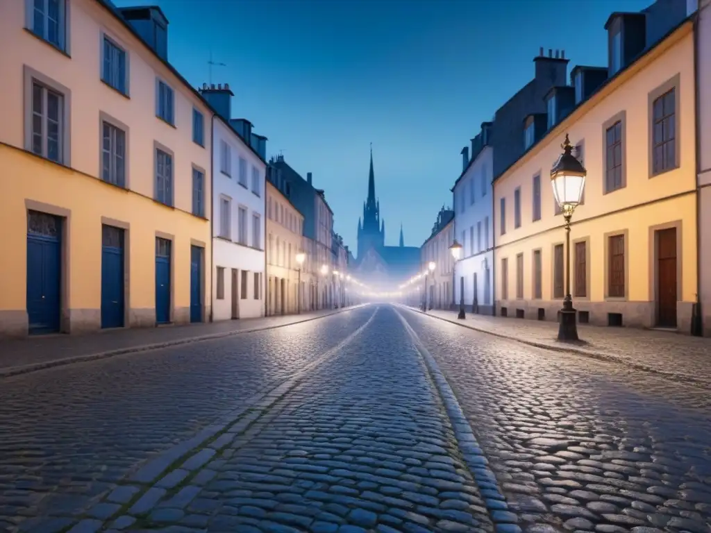 Imagen evocadora de una calle empedrada de ciudad europea de noche, iluminada por farolas vintage