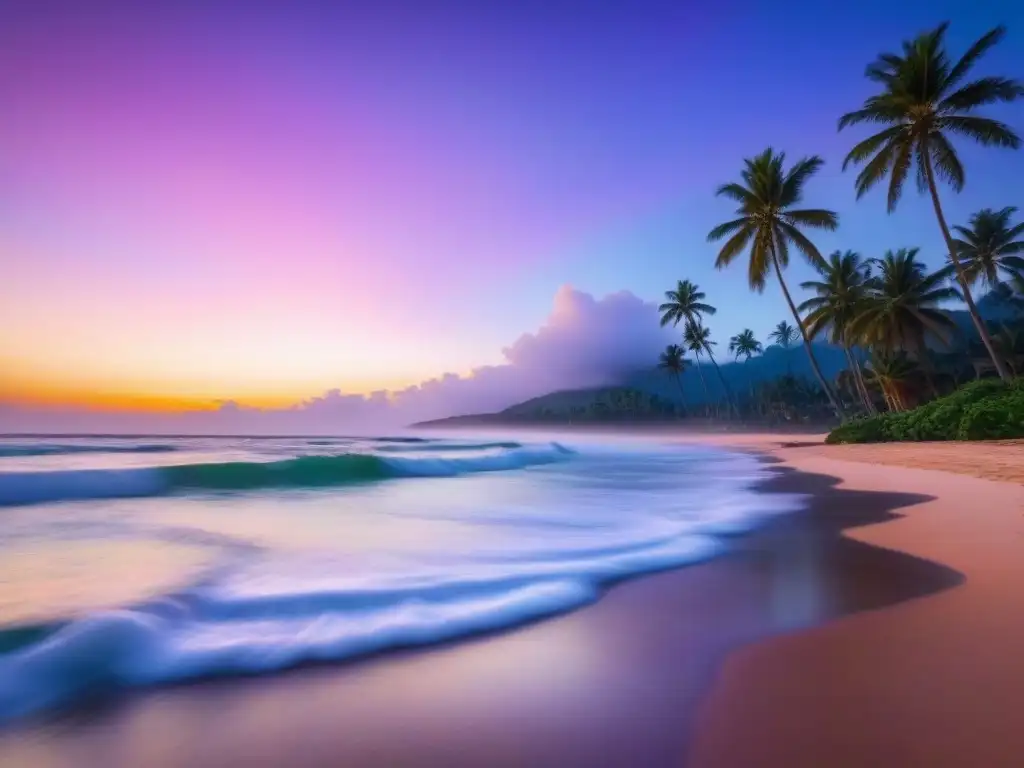 Imagen de playa tropical al amanecer con olas suaves, palmeras y cielo colorido reflejado en el mar