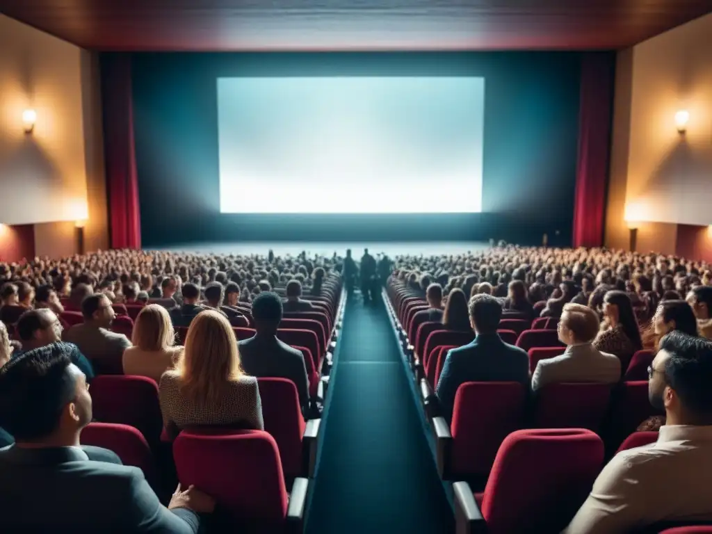 Emociones en el cine: público diverso cautivado por la pantalla Una impactante imagen en blanco y negro de un cine abarrotado, con espectadores de diversas siluetas concentrados en una película poderosa en pantalla