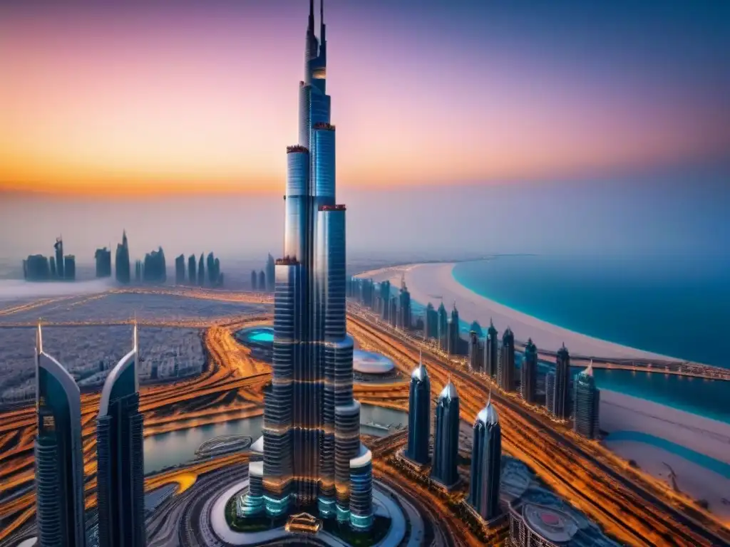 Impresionante Burj Khalifa al atardecer: detallado y majestuoso Imponente Burj Khalifa en Dubai al atardecer, reflejando lujo y modernidad