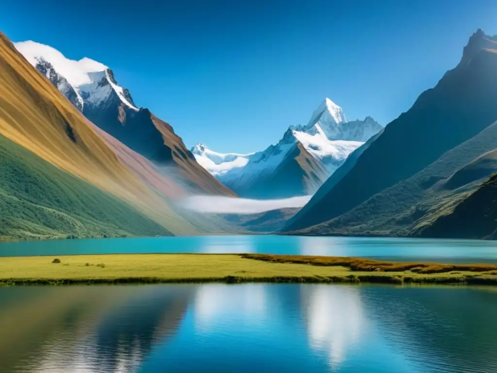 Impresionante escena de los imponentes picos nevados de los Andes, reflejados en un lago glaciar, en un parque natural de Sudamérica rural