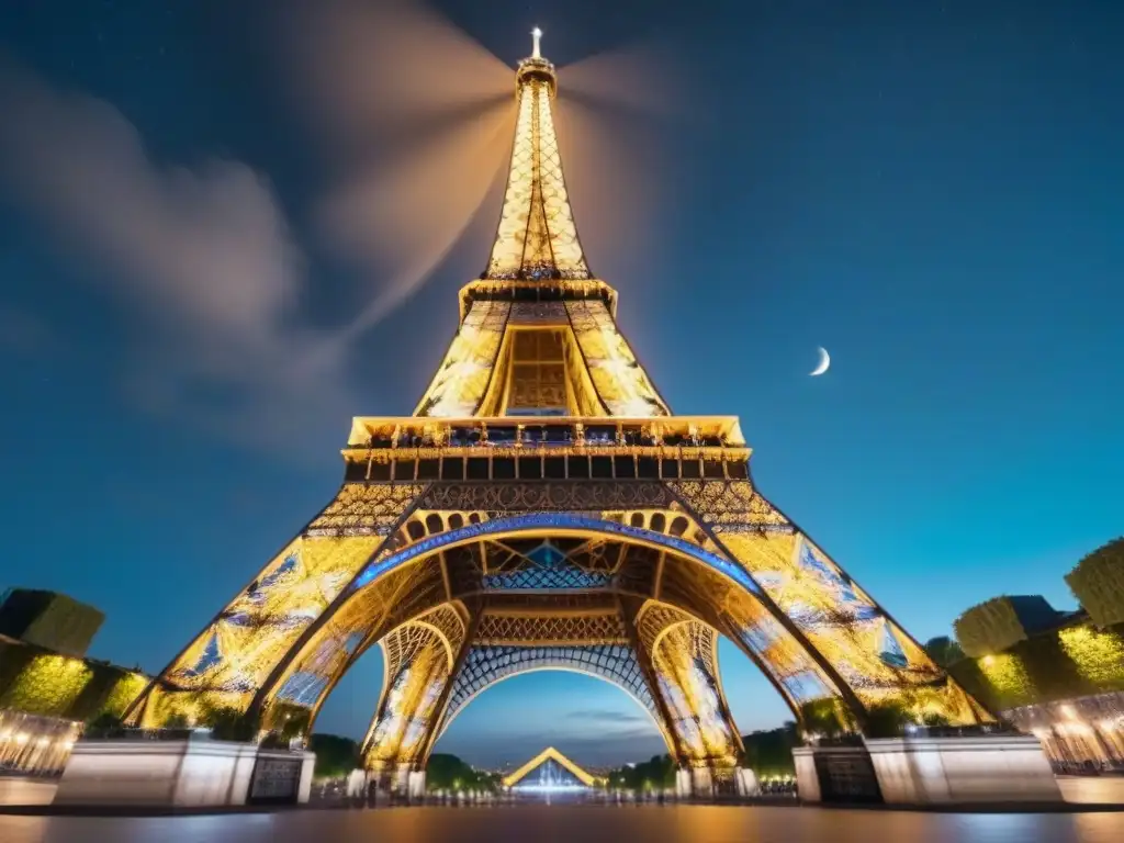 Impresionante fotografía nocturna de la icónica Torre Eiffel en París, bajo un cielo estrellado y luna creciente