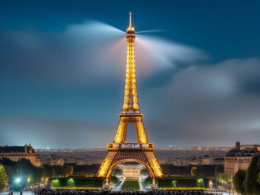 Impresionante fotografía nocturna de la Torre Eiffel destacando en el cielo oscuro, con luces de la ciudad