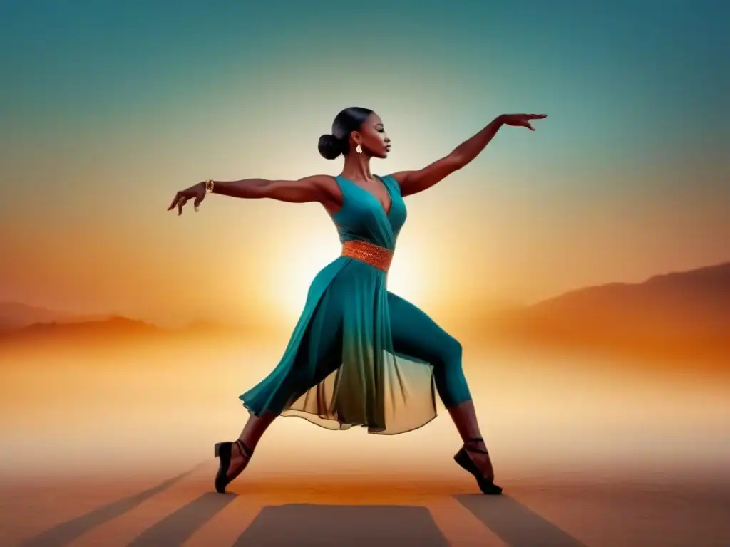 Danza ancestral y contemporánea: unión de culturas Influencia de danzas antiguas en modernas: Ilustración minimalista de bailarines ancestrales y contemporáneos en poses dinámicas, fusionando culturas