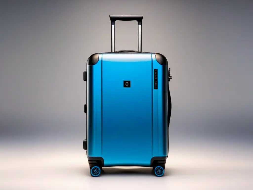 Maleta inteligente futurista con tecnología integrada Un innovador maleta inteligente con tecnología avanzada en equipaje para viajes, iluminada con luz azul suave