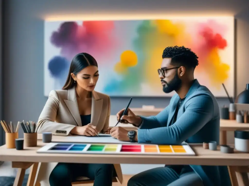 Intensa colaboración entre artistas en estudio moderno, intercambiando ideas y consejos artísticos en un ambiente inspirador