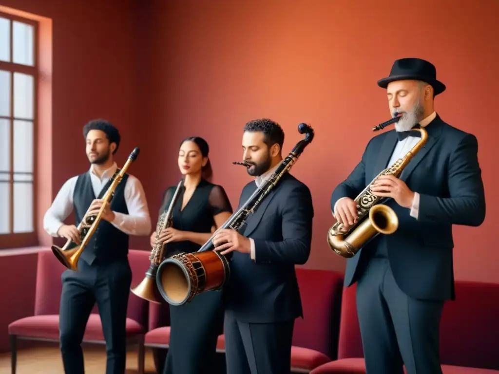 Intensa interpretación de músicos con instrumentos Klezmer en ambiente íntimo