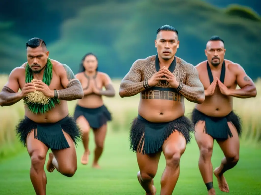 Intenso ritual de haka Maorí en campo verde, expresiones poderosas y movimientos vibrantes