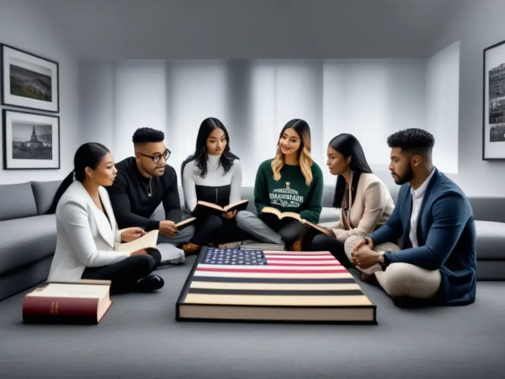 Un intercambio cultural enriquecedor entre estudiantes de diferentes culturas, representado en una ilustración minimalista en blanco y negro