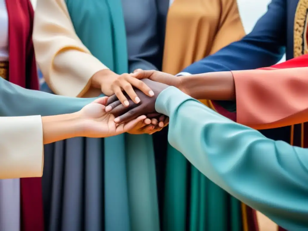Un intercambio cultural respetuoso entre personas de diversas culturas, vestidas con atuendos tradicionales y símbolos flotando a su alrededor