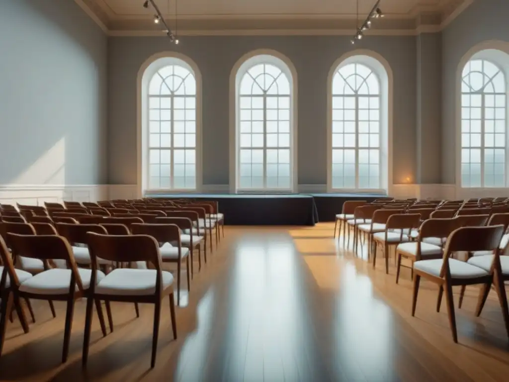 Interior de casa de subastas de arte moderna, elegante y luminosa, con sillas vacías y un pódium minimalista