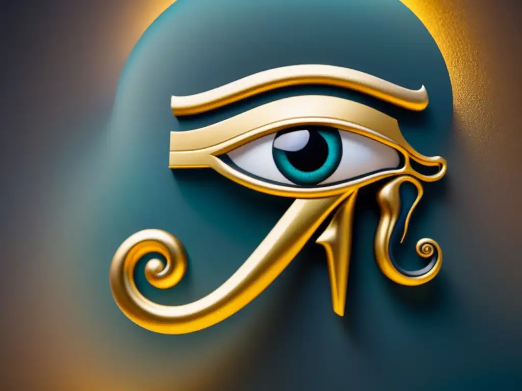 Una ilustración intrincada en negro y dorado del Ojo de Horus, simbolizando protección y poder real en las prácticas espirituales antiguas Egipto