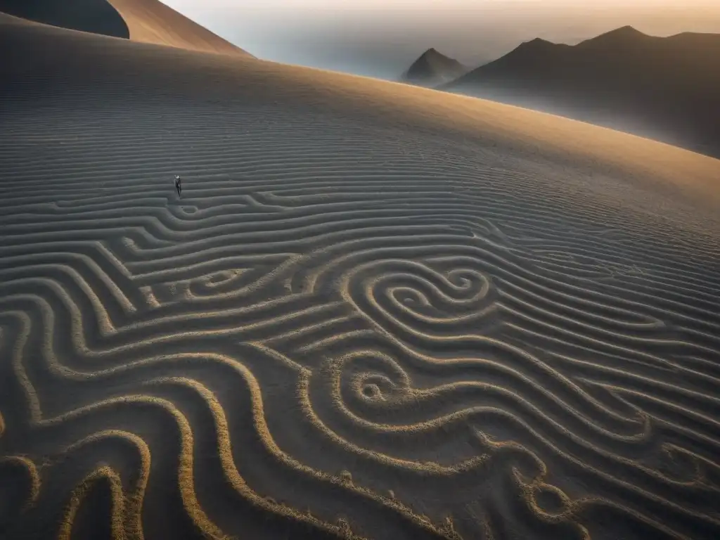 Intrincadas figuras Nazca en ilustración minimalista en blanco y negro, destacando su misterioso significado y precisión cultural