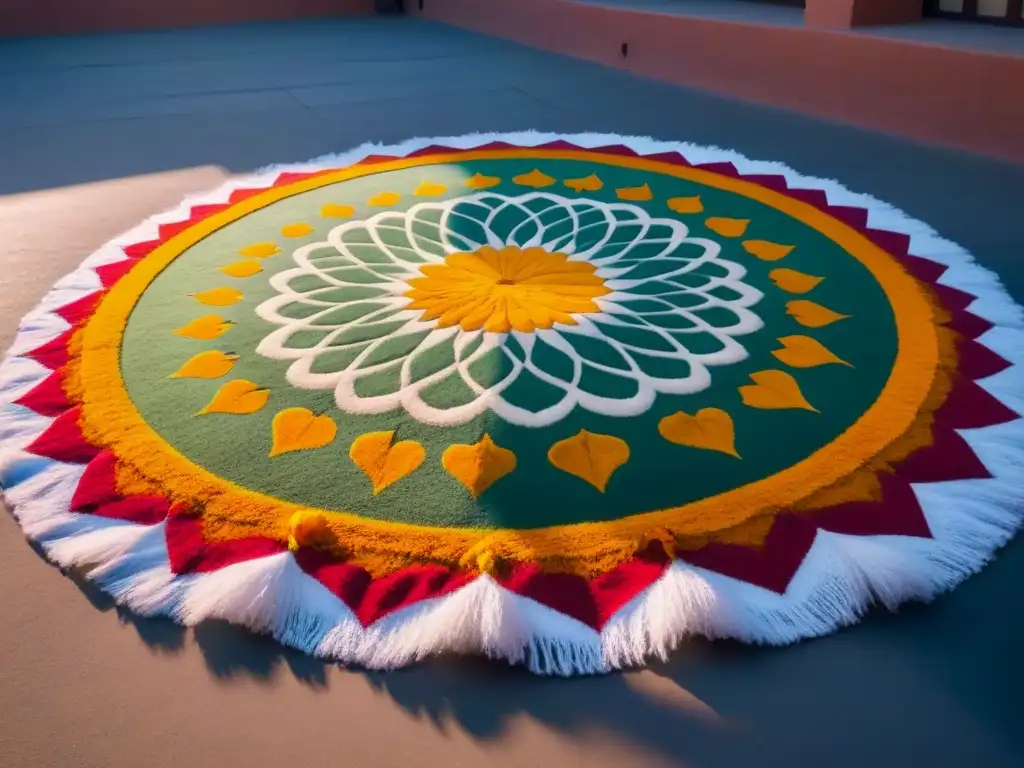 Intrincado diseño tradicional de un rangoli indio en un patio de homestay en India