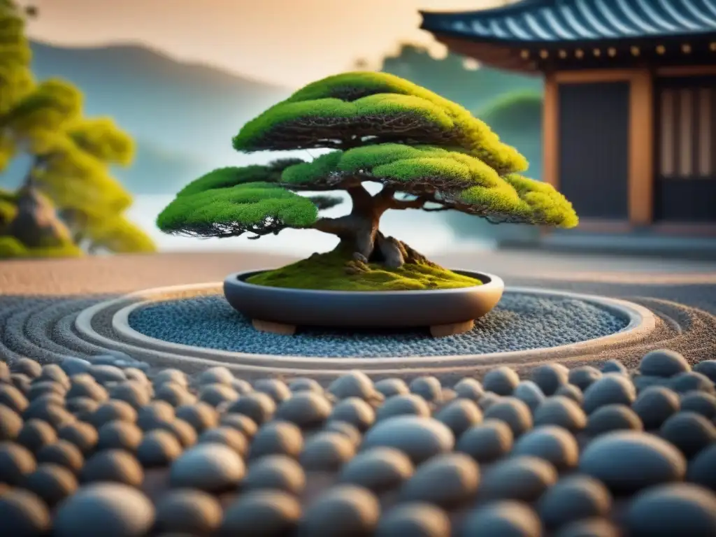 Jardín Zen japonés con bonsái y piedras cubiertas de musgo, evocando los secretos de relajación en culturas