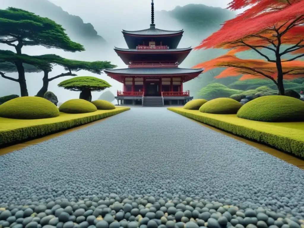 Jardín zen japonés con patrones de grava y árboles de arce otoñales