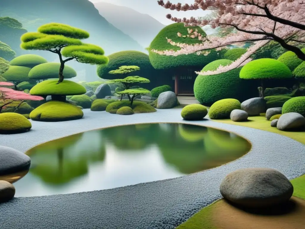 Jardín zen japonés con rocas y estanque, reflejando armonía y paz