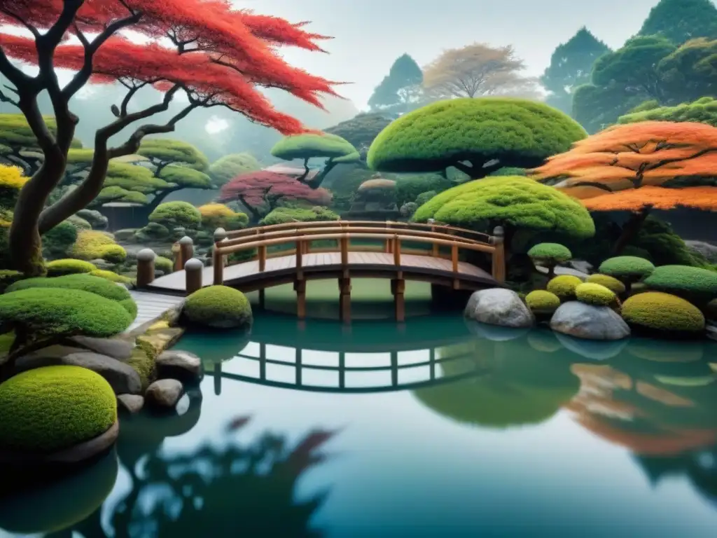 Jardín japonés sereno con bonsáis, estanque de koi y puente de madera