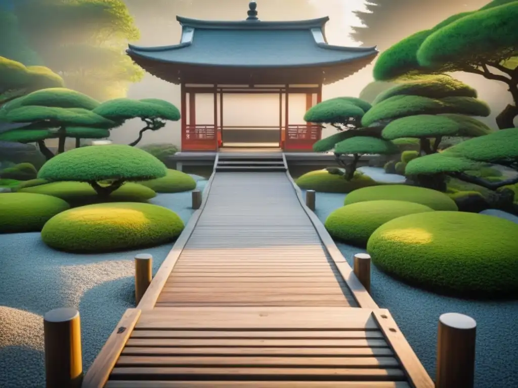 Jardín japonés sereno: armonía y cultura en un paraíso Jardín japonés sereno con patrones de grava, puente de madera y teahouse