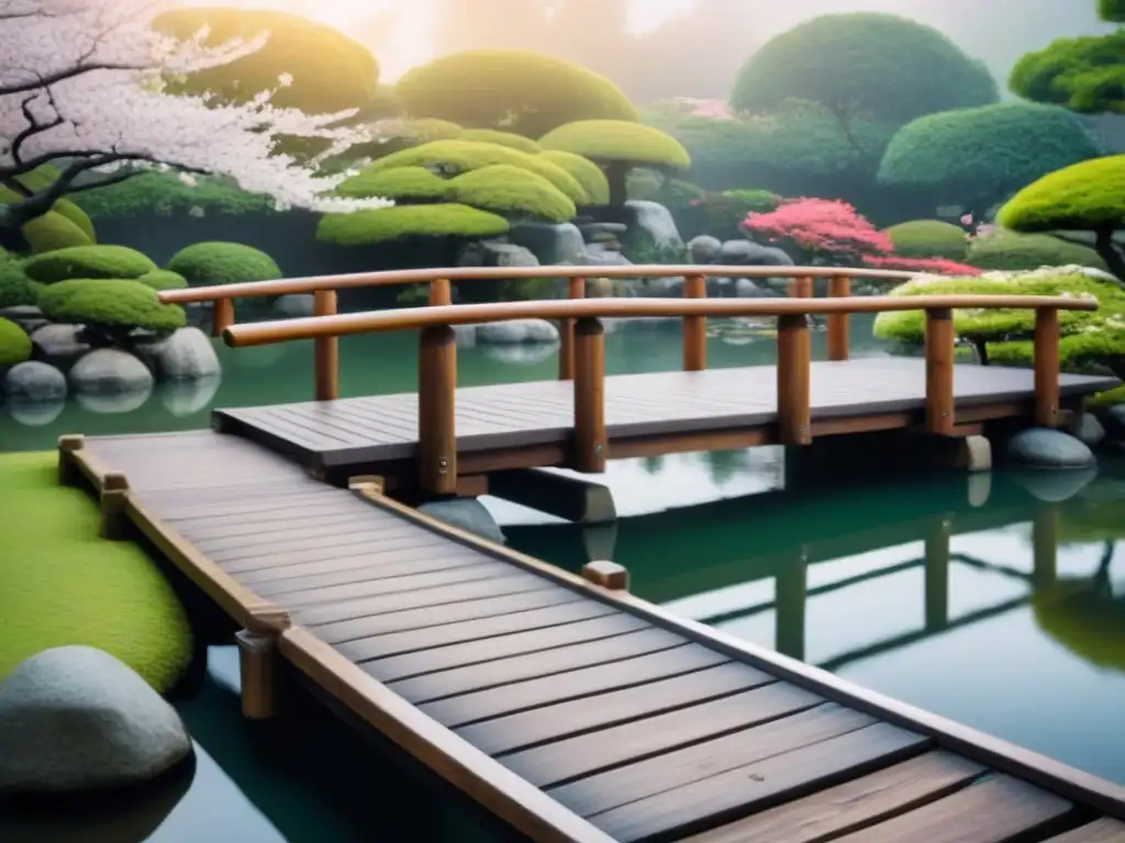 Un jardín japonés sereno con puente de madera sobre estanque de peces koi y árboles de cerezo en flor