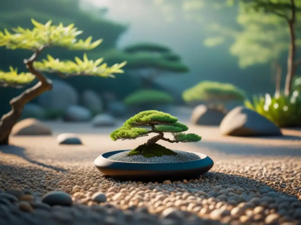 Un jardín Zen japonés sereno con rocas, grava y bonsái