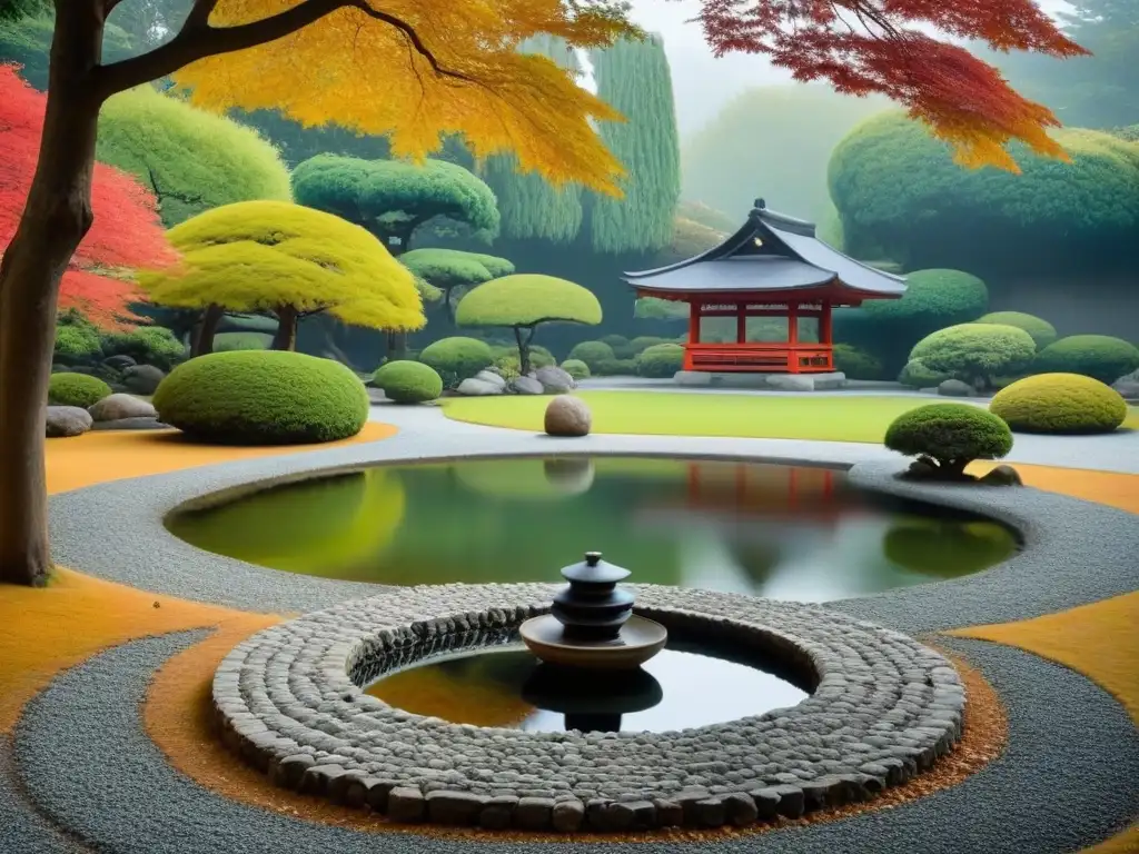 Jardín japonés tranquilo con farol de piedra, patrones de grava y colores otoñales